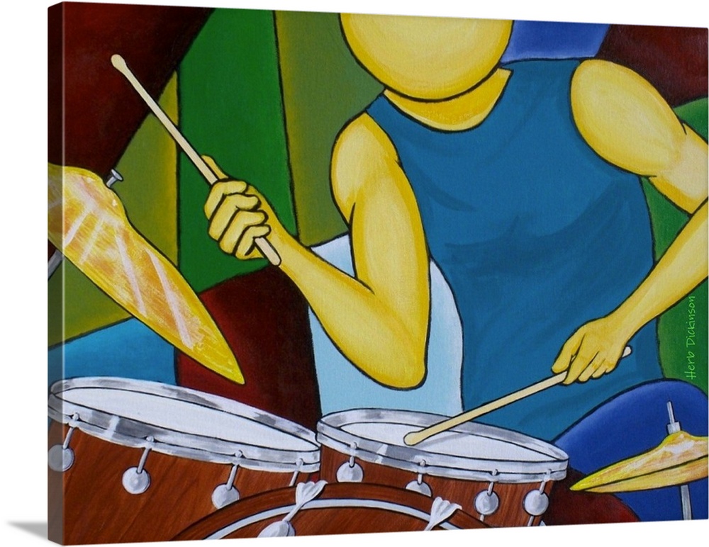 Abstract painting of a faceless person playing the drums.