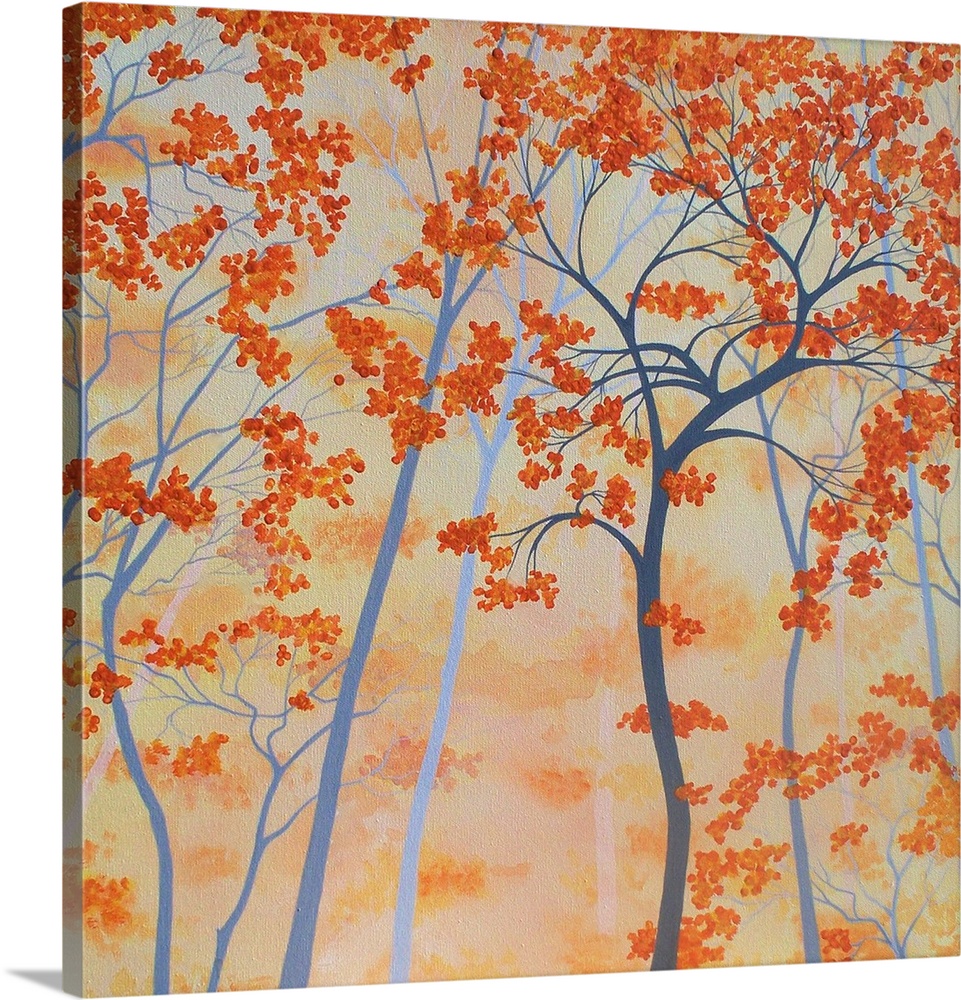 Square painting of orange Autumn trees with a light orange background.