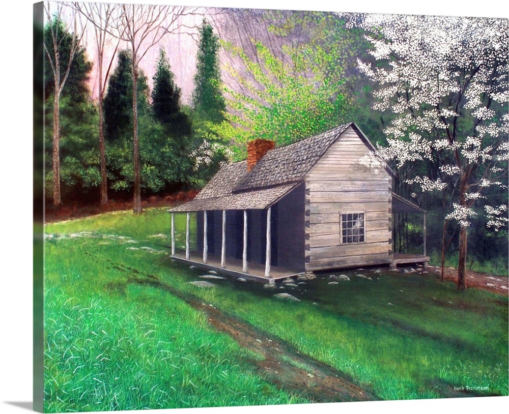 Contemporary painting of an old cabin is in the park area at Gatlinburg, Tennessee.