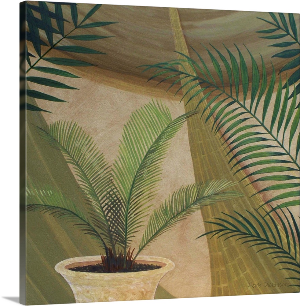 Square still life painting of a potted palm plant surrounded by palm branches in earth tones.