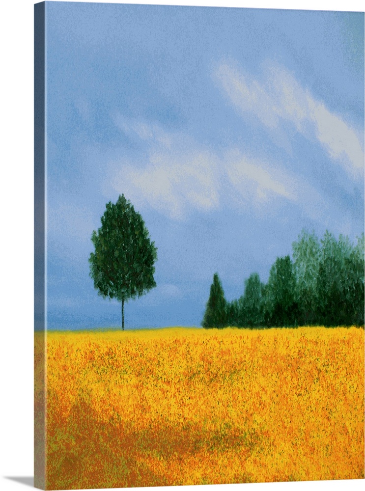 Vertical landscape painting with a golden field in the foreground and trees in the background.