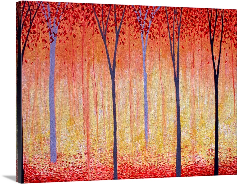 Minimalist painting with Autumn trees and red falling leaves.