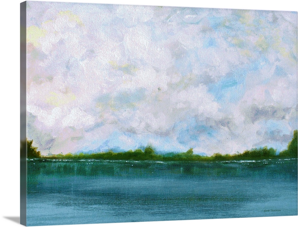 Contemporary landscape painting of a calm and peaceful lake with green trees in the horizon and fluffy clouds above.