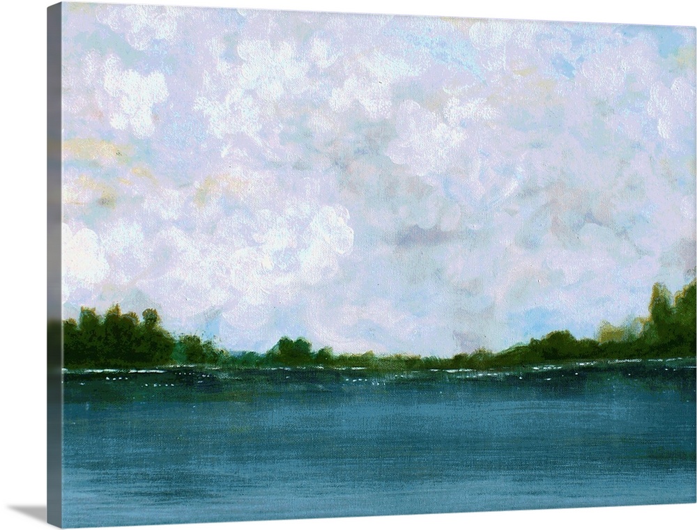 Calm landscape painting with a peaceful lake lined with trees on the horizon and fluffy clouds in the sky.