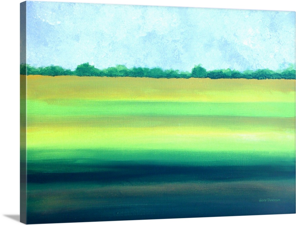 Open landscape with a gradient field in shades of blue, green, and yellow with a line of trees in the distance.