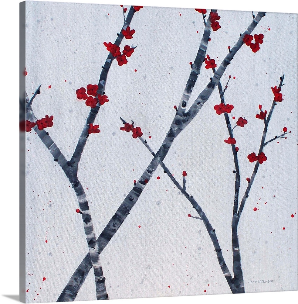 Square painting of red blossoms on fairly bare branches in shades of gray on a light gray background.