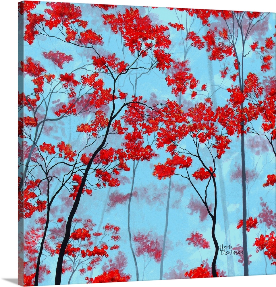 Painting of bright red Autumn trees on a light blue square background.
