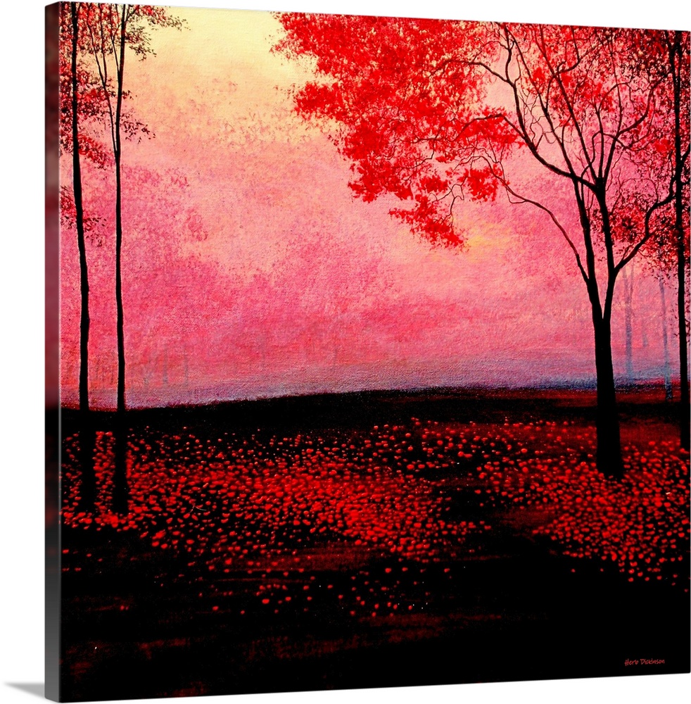 Red forest landscape painting on a square background with dramatic black shadows.