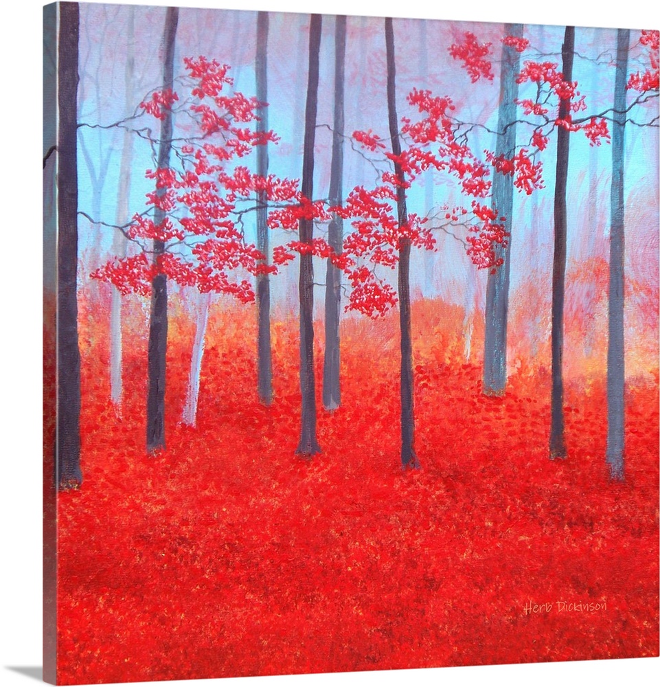 Impressionist painting of a red Autumn forest with leaves covering the ground.