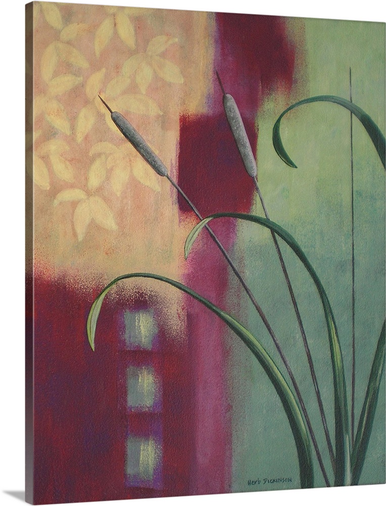 Contemporary painting of a plant with cattails on a decorative green, maroon and yellow background with designs.