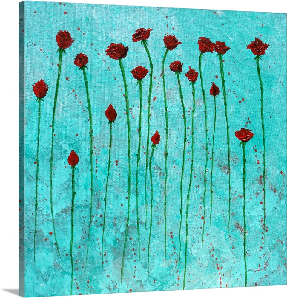 Square painting of red roses with long green stems on an aqua background with red paint splatter.