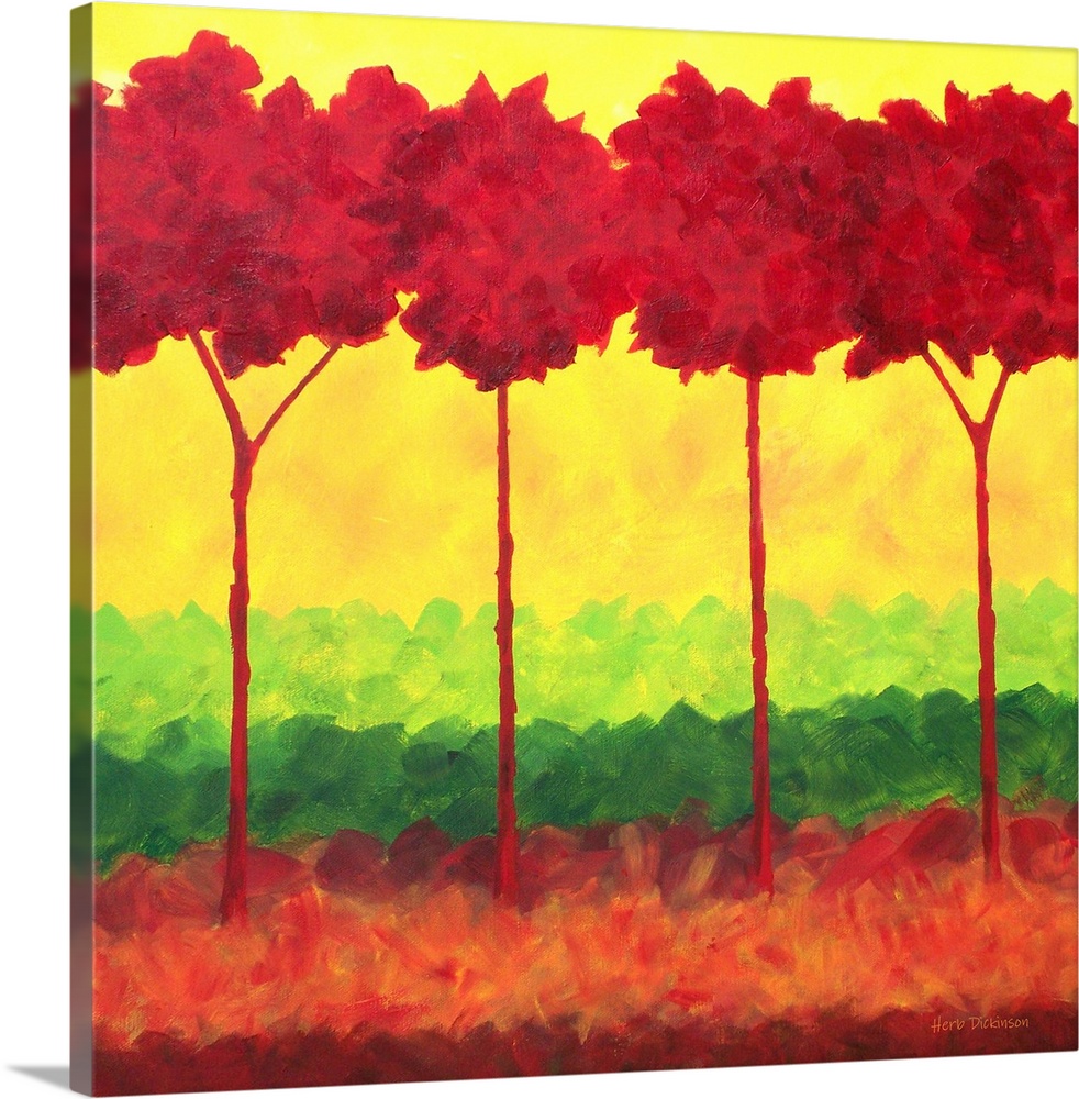 Colorful landscape with bold red trees and a background made with layers of green, red, and yellow.