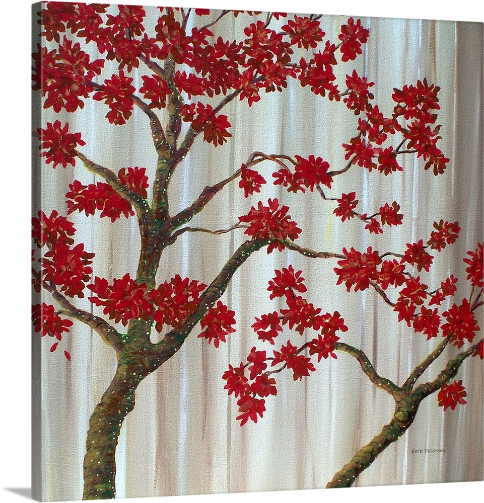 Square painting of tree branches with red leaves on a background made with shades of brown and white streaks.