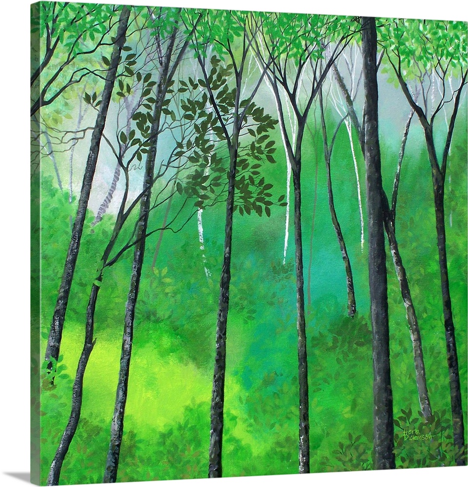 Landscape painting of trees inside Sherwood forest in shades of green with hints of blue.