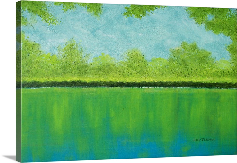 Lake landscape painting in shades of blue and green with a clam lake reflecting the surrounding trees.