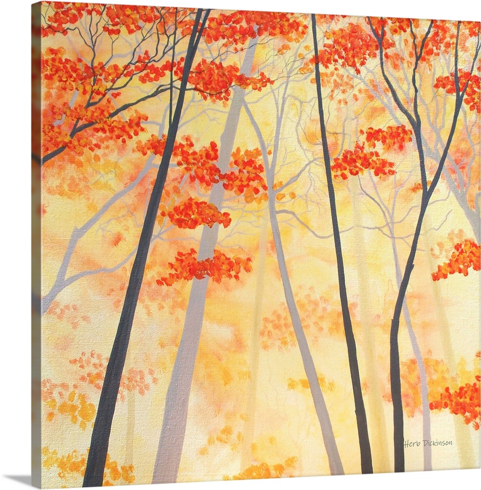 Square painting of Autumn trees with orange and yellow leaves.
