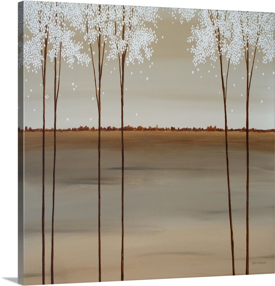 Minimalist square painting of tall Spring trees with white blossoms.