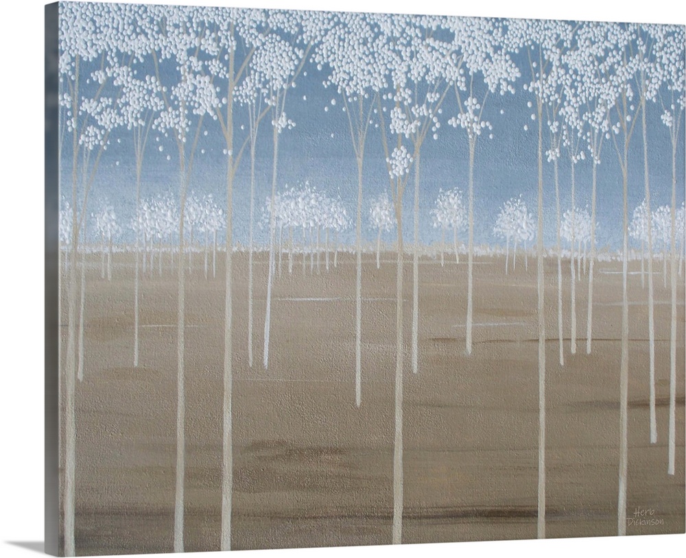 Minimalist painting of tall Spring trees with white blossoms.