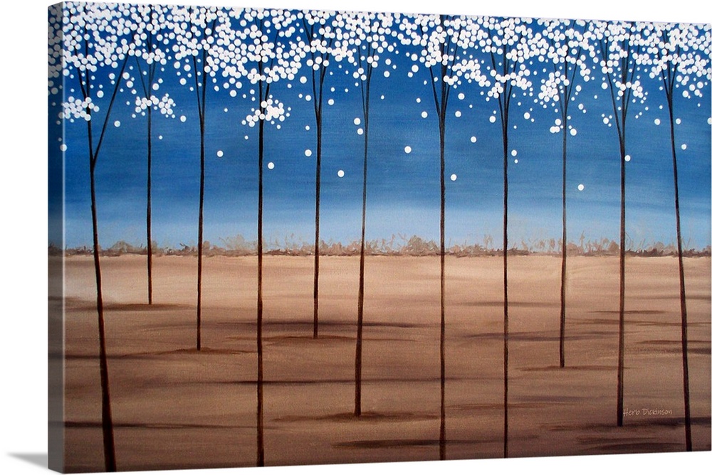 Minimalist painting of skinny trees with white blossoms at dusk.