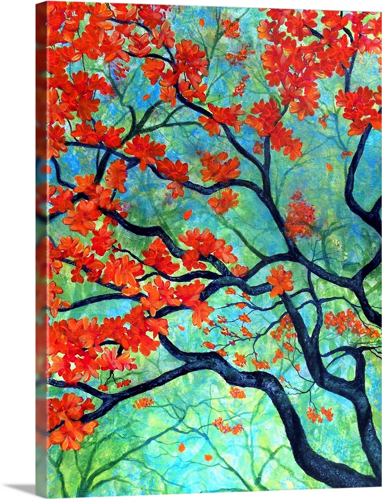 Contemporary painting of a tree top with orange and red leaves on a blue and green background.