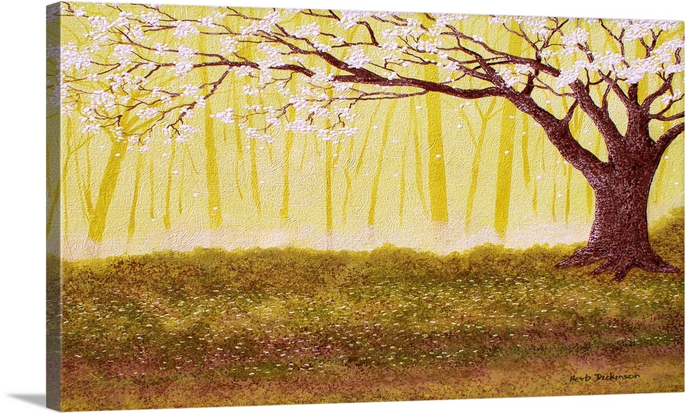Horizontal landscape painting with a Spring tree covered in white blossoms with a golden forest in the background.