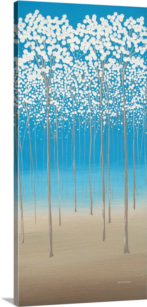 Abstract trees with white blossoms on a blue and brown background.