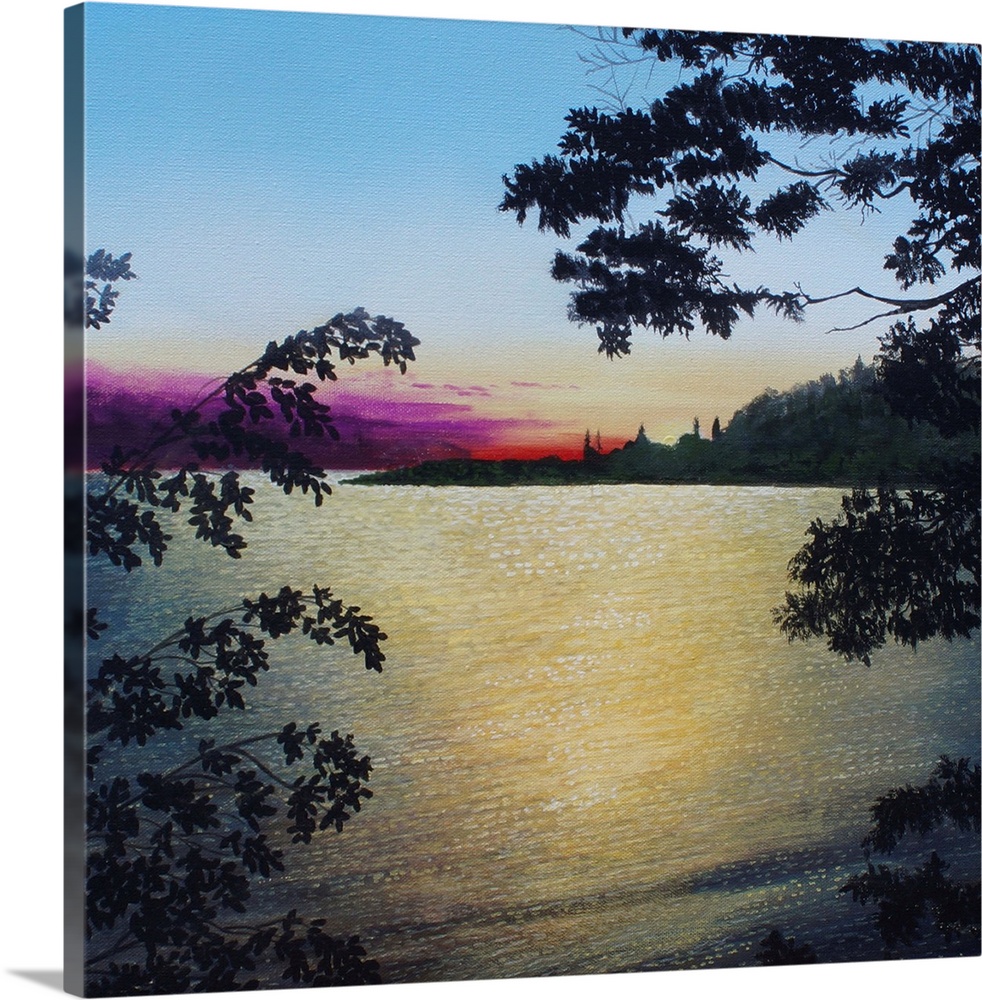 Square landscape painting of the St. Lawrence River viewed through leafy tree branches with a deep purple and red sunset i...