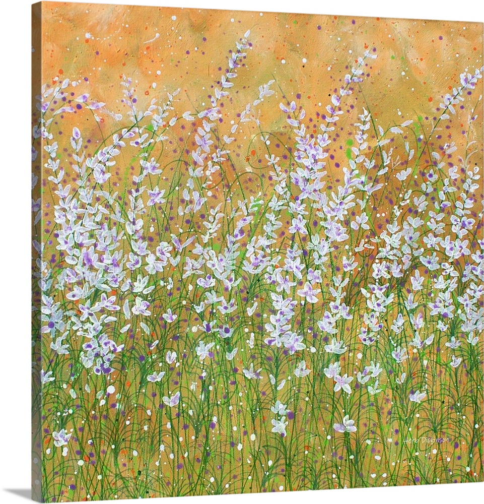 Contemporary painting of white and purple wildflowers with green leafy stems and an orange background.