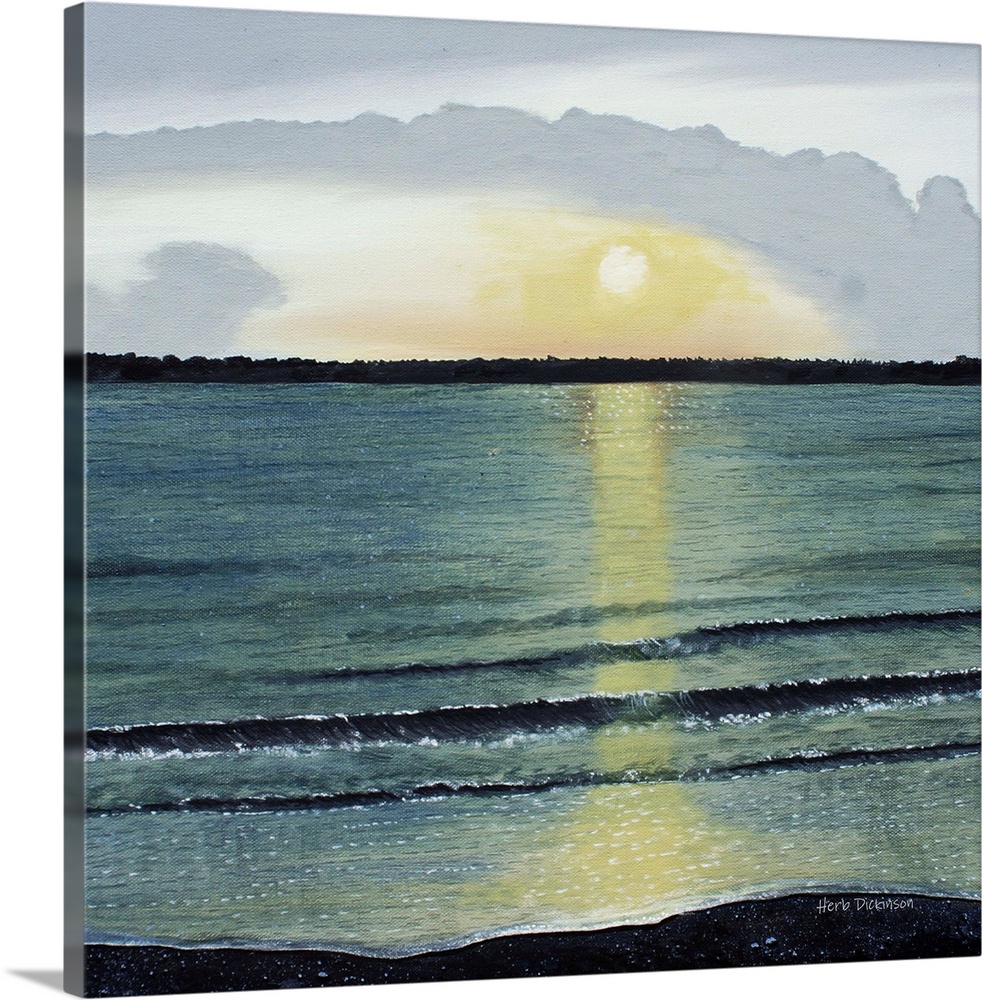 Landscape painting of a sunset over the ocean at Hilton Head on a square background.