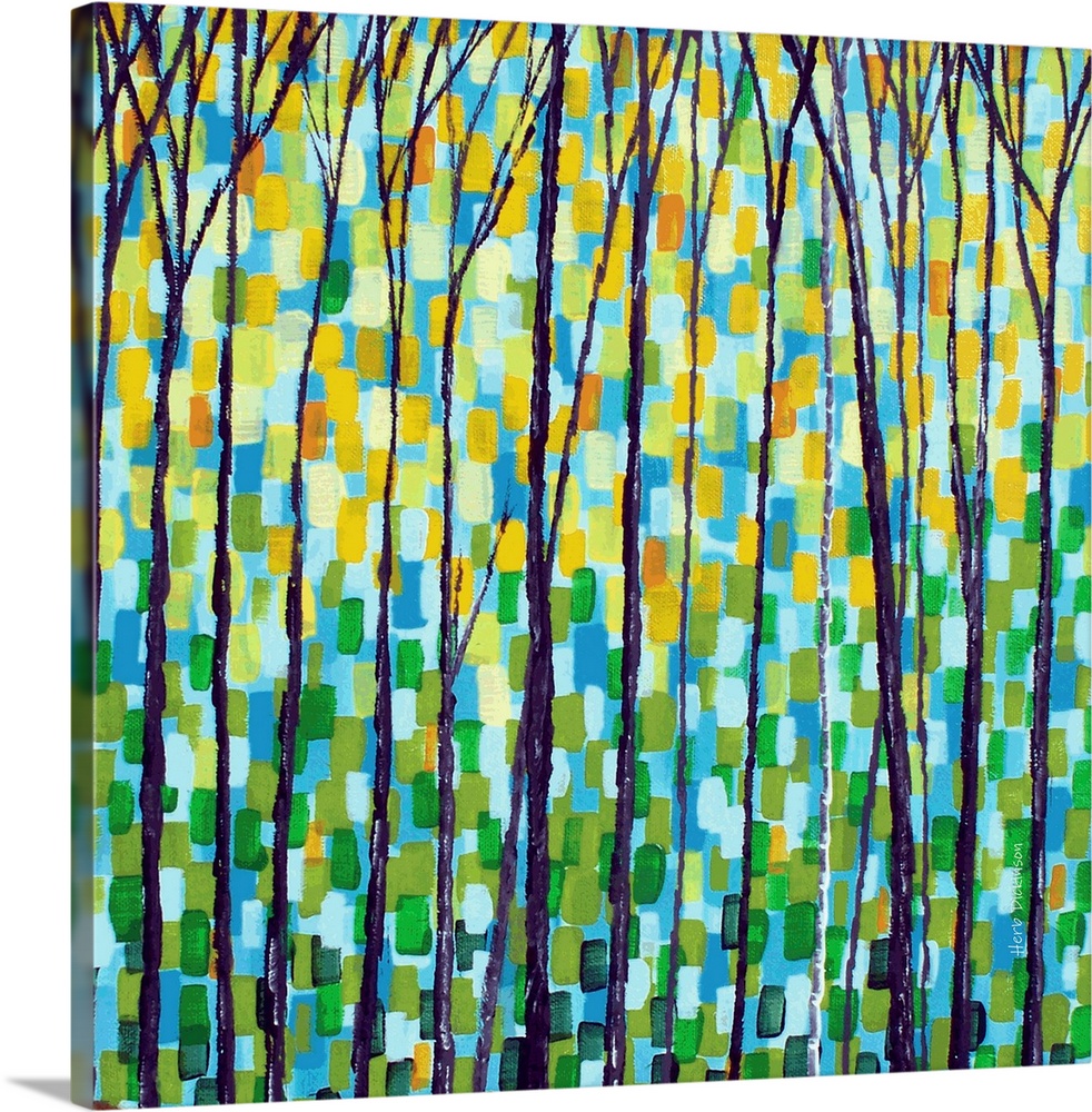 Square painting of an abstract forest landscape with tall, thin, bare trees and short brushstrokes in the background in sh...