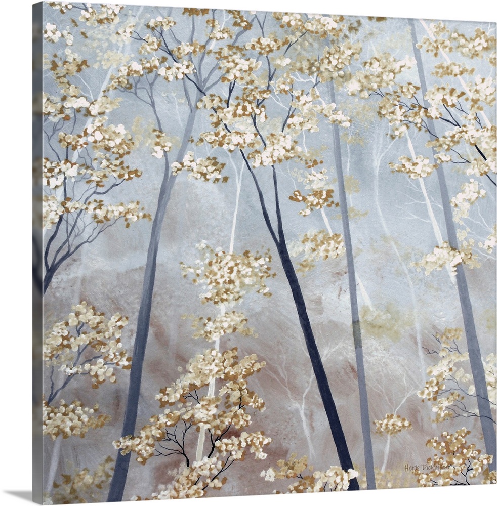 Square painting of tree tops with taupe and white blossoms on a gray background.
