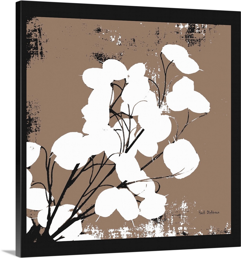 Square silhouetted painting of a money plant in black, white, and brown.