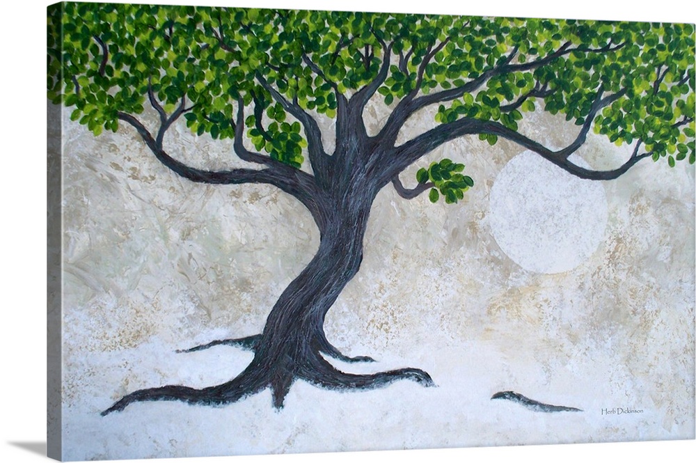 Painting of a tree with fresh green leaves on a neutral colored background with a large full moon towards the middle.