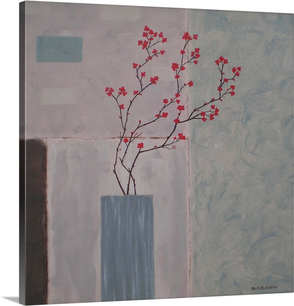 Very calming piece with peaceful colors in the background accented by modern decor style red flowers.