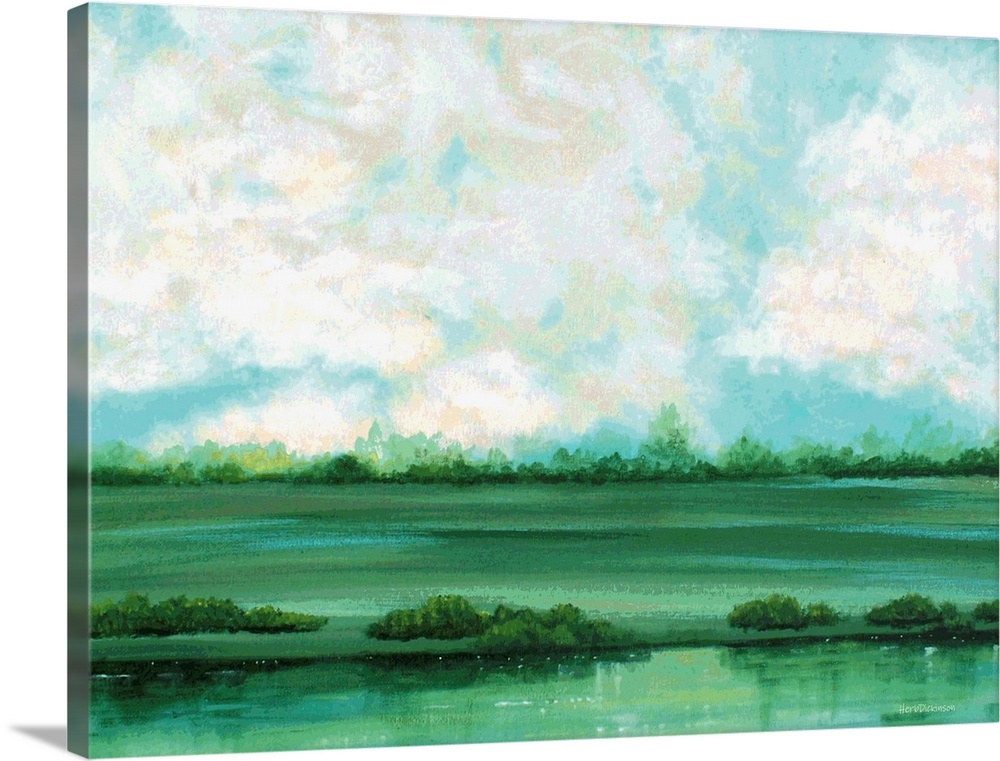 Tranquil landscape in shades of green and blue with white fluffy clouds in the sky.