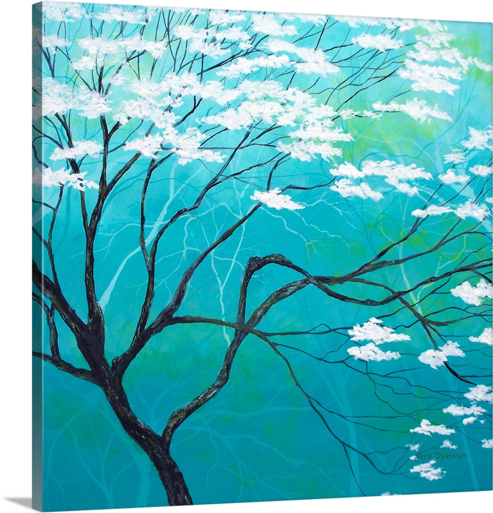 Tranquil painting of a swaying tree with white blossoms on a blue and green background with faint tree and branch silhouet...