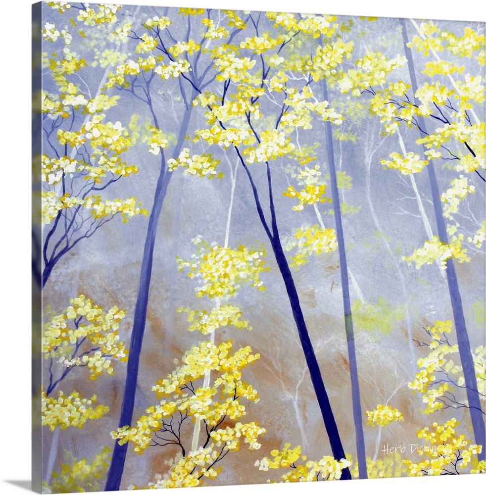 Square painting of blue and white tree trunks with white and yellow blossoms and a lavender colored background.