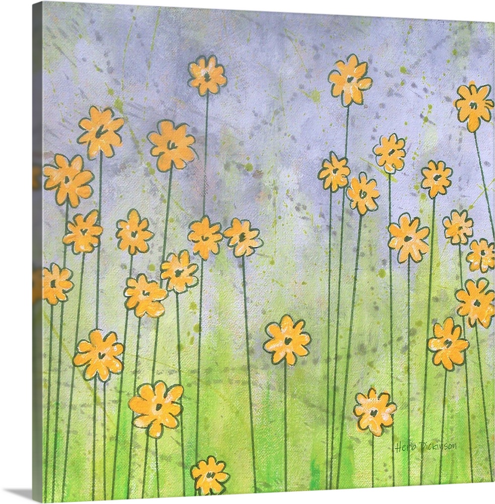Painting of whimsical yellow flowers with long green stems on a square background.
