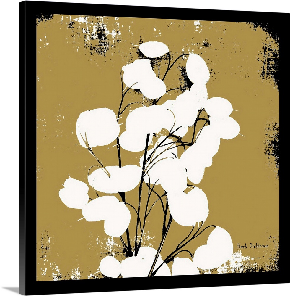 Square silhouetted painting of a money plant in black, gold, and white with a black boarder.