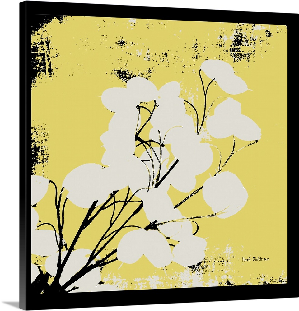 Square silhouetted painting of a money plant in pale yellow, black, and white with a black boarder.