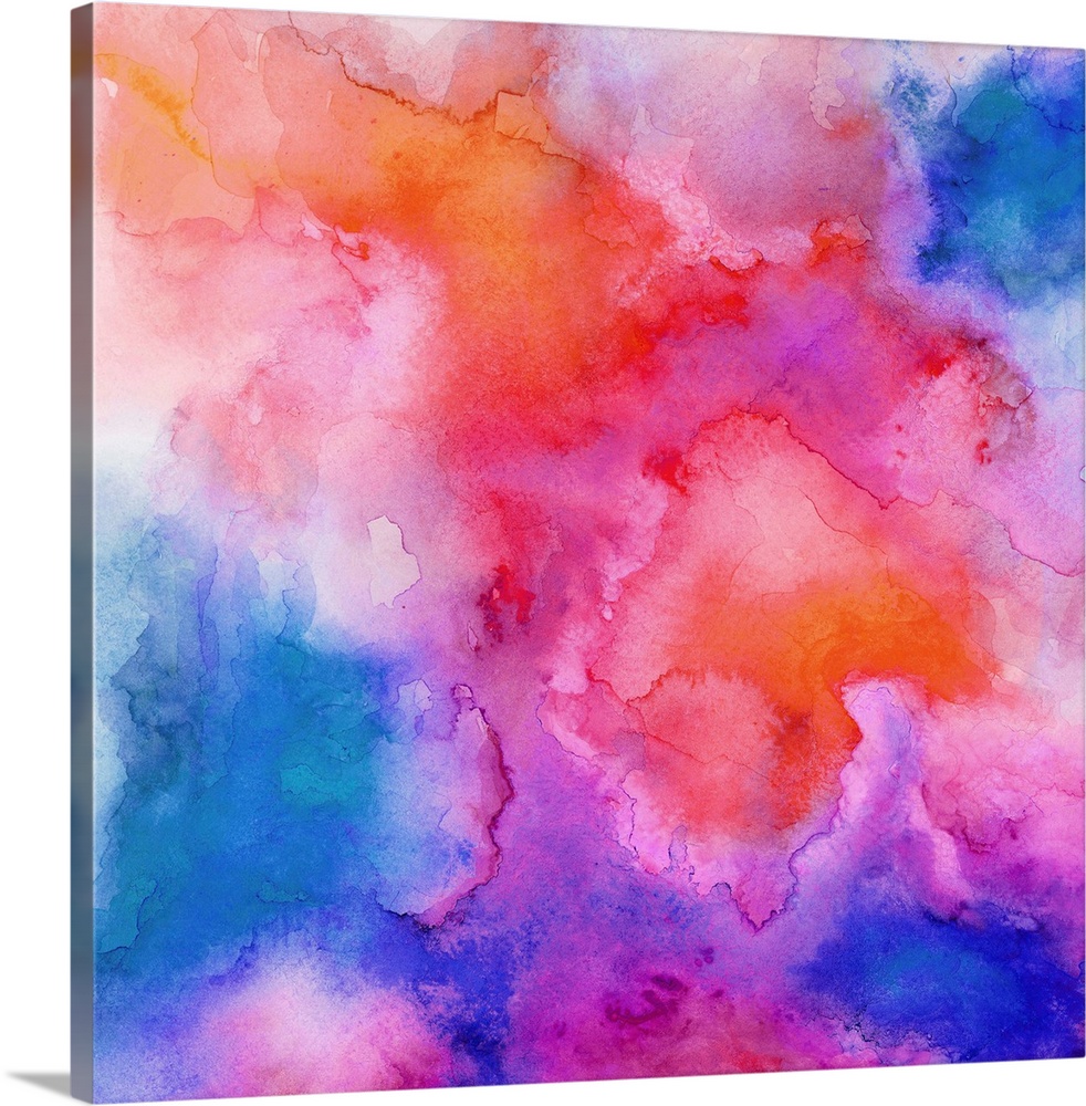 A square abstract watercolor painting in brilliant colors of pink, orange and blue.