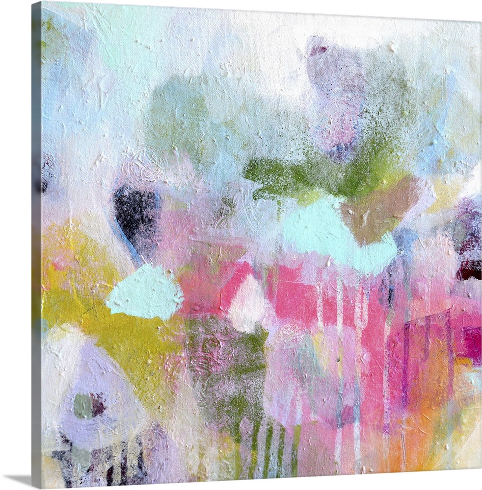 Bright abstract artwork in candy-like shades of pink and light blue.