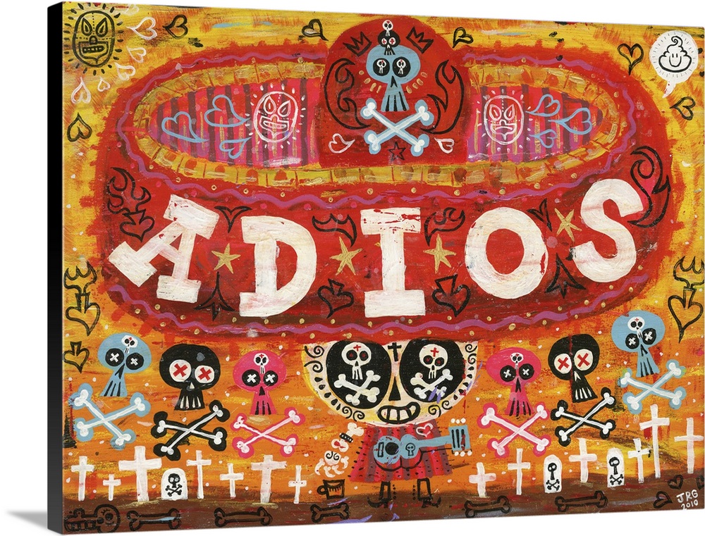 Latin art of a calavera wearing a large red sombrero with the word "Adios."