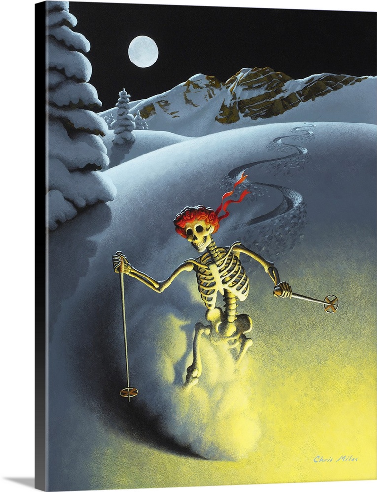 Whimsical painting of a skeleton skiing down a mountain at night.