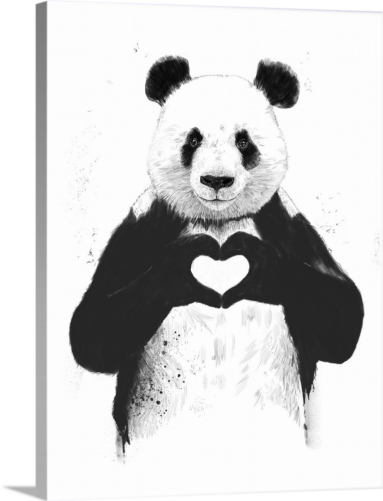 A contemporary illustration of a panda bear holding up paws to make a heart shape.