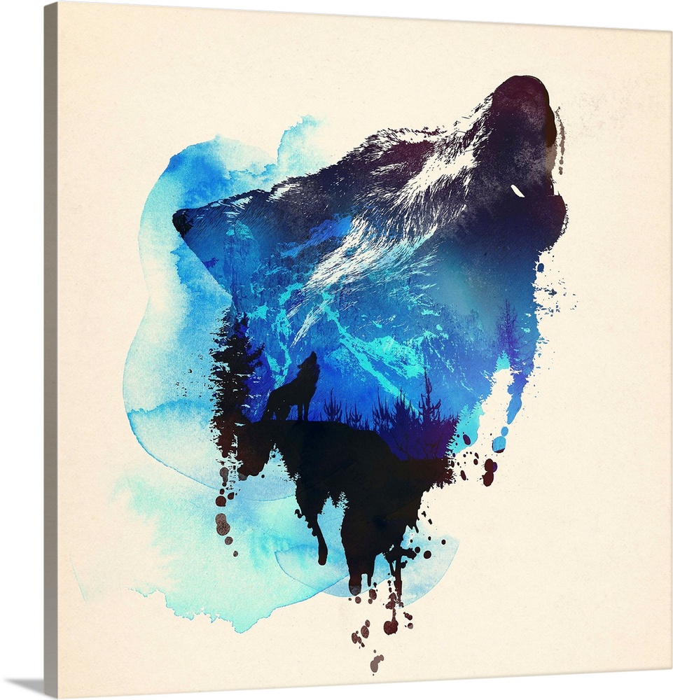 Contemporary double exposure artwork of a wolf and forest silhouette scene.