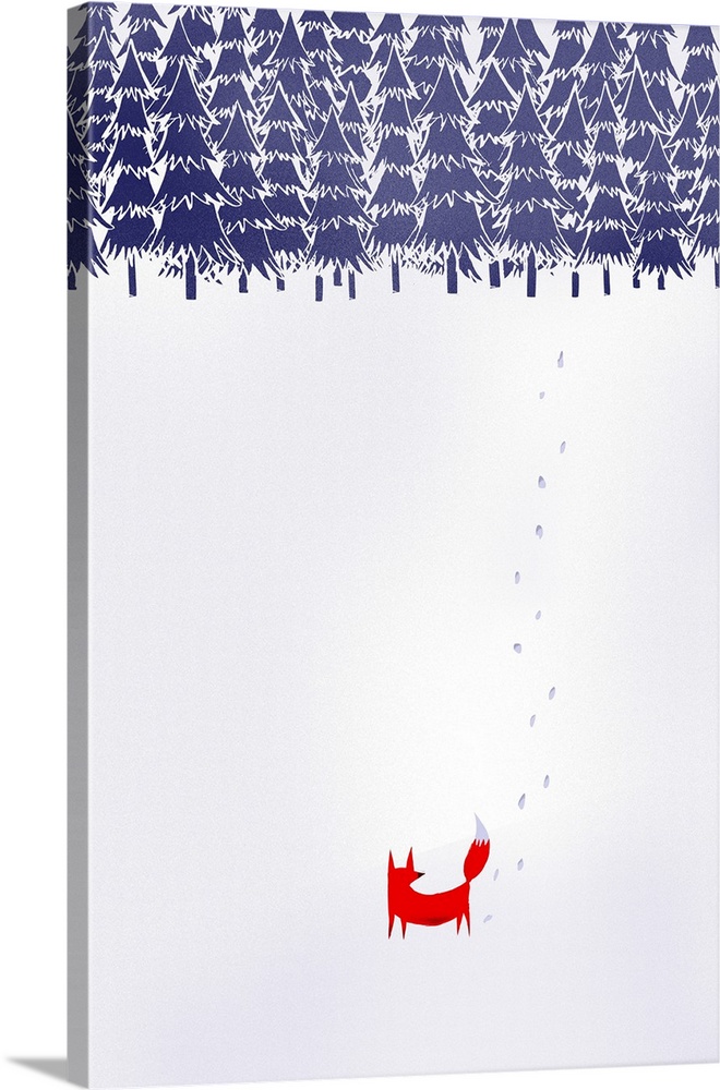 Decorative artwork of red fox trekking through the snow with a line of trees in the background.