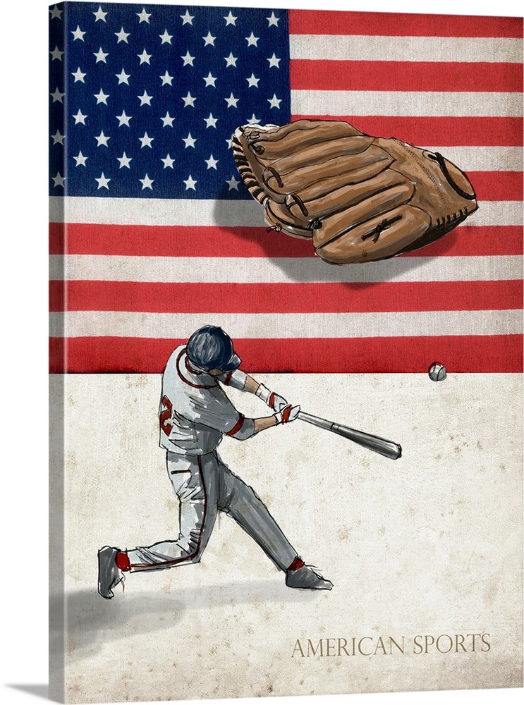 A digital illustration of a baseball player swinging a bat at a ball with the american flag and "American Sports" in the b...