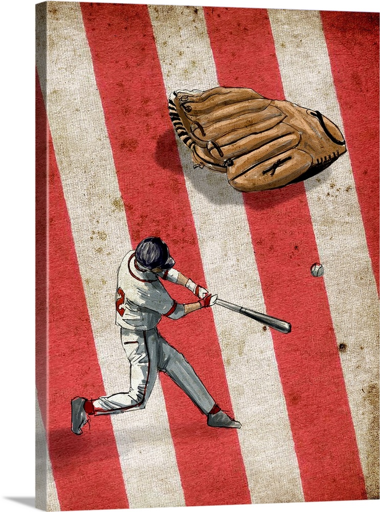 A digital illustration of a baseball player swinging a bat at a ball with the american flag in the background.