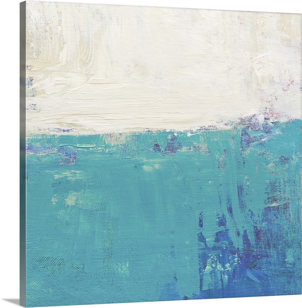 Contemporary abstract colorfield painting using aqua and white in a distressed style.